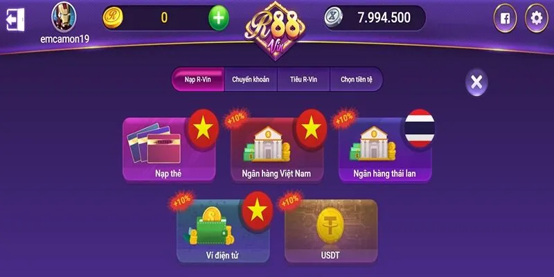 Danh sách các phương thức rút tiền R88